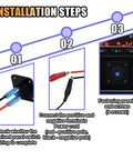 Installation steps for 12V 20A Waterproof Rocker Toggle Switch Panel With USB Charger And LED Indicator, showing wiring and mounting