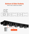 Diagram showing bottom and side outlets of HDPE trench drain with dimensions for Six 39 Inch Trench Drain Channel System With Plastic Grate For Driveways And Gardens, HDPE Black Water Channel 5.8 X 3.1 In Includes Six End Caps, DIY Friendly Quick Install For Garage Patio And Lawn.