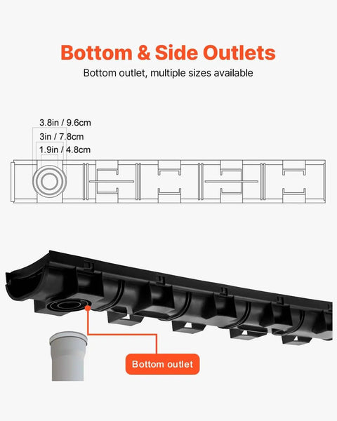 Diagram showing bottom and side outlets of HDPE trench drain with dimensions for Six 39 Inch Trench Drain Channel System With Plastic Grate For Driveways And Gardens, HDPE Black Water Channel 5.8 X 3.1 In Includes Six End Caps, DIY Friendly Quick Install For Garage Patio And Lawn.