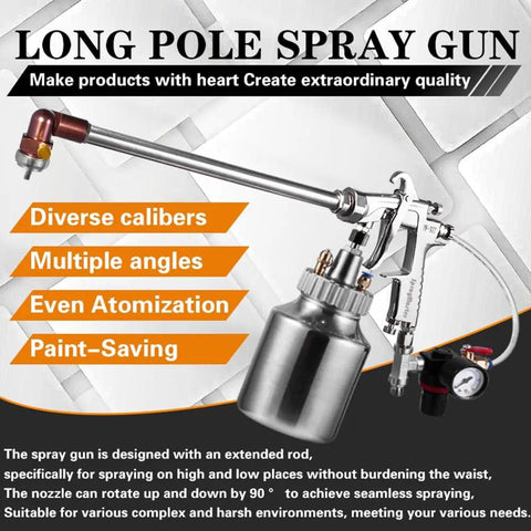 Long Reach Air Spray Gun With Easy Swap Tips And Roomy Paint Pot Built To Crush High Ceilings And Sneaky Spots Without Skipping A Beat with extended rod and regulator.