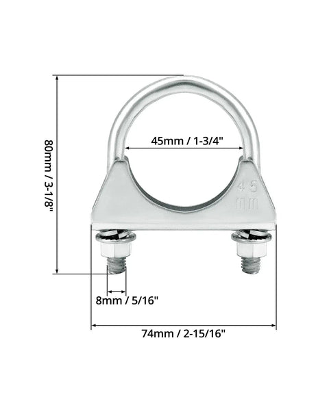 U-Bolt Exhaust Clamp 1.75 Inch OD, shown with dimensions for car exhaust and truck systems, zinc finished carbon steel