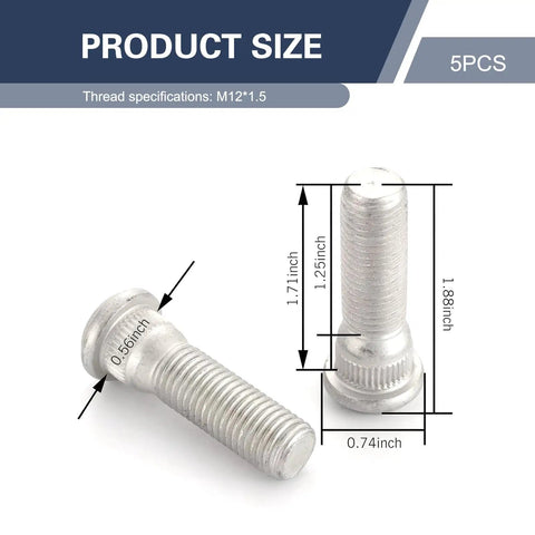 5Pcs Wheel Studs Kit M12x1.5 49mm Long Steel Lug Bolts For Auto Tires, product size dimensions shown