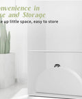 5 Foot Round Folding Table With Carrying Handle White Portable Plastic Table stored compactly in a closet