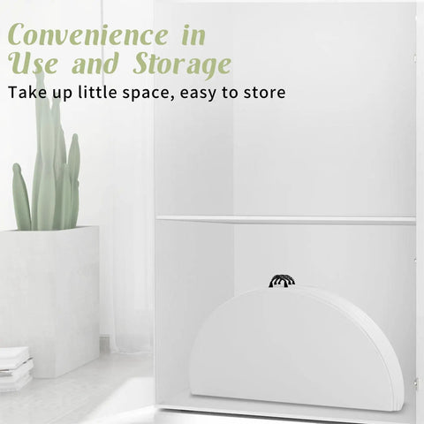 5 Foot Round Folding Table With Carrying Handle White Portable Plastic Table stored compactly in a closet
