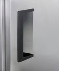 Close-up of the handle on the Badass Heavy Duty Commercial Reach In Refrigerator Featuring Four Solid Doors.