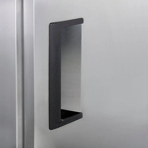 Close-up of the handle on the Badass Heavy Duty Commercial Reach In Refrigerator Featuring Four Solid Doors.
