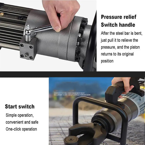 MXJCKSOQ Hydraulic Steel Bar Bending Machine 1200W Electric Portable Rebar Bender showing pressure relief switch handle and start switch.