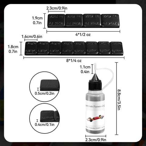 Go-To Pinewood Derby Weights Kit With Lead Free 4 Ounce Car Weights And Half Ounce Graphite Powder Graphite Lubricant for Pine Wheels