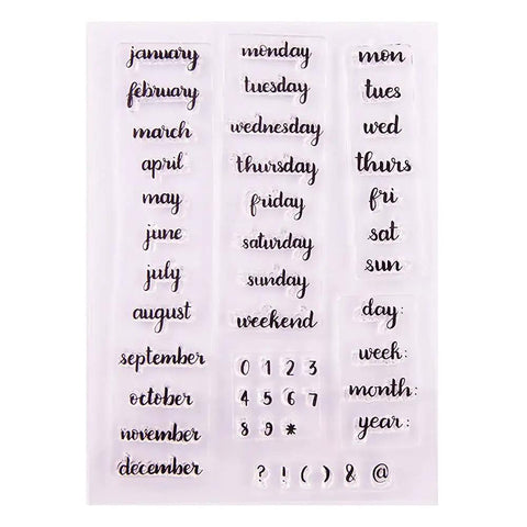 Straight Up Durable Calendar Clear Stamps With Solid Silicone Week Month Year Date Numbers on transparent stamp sheet.