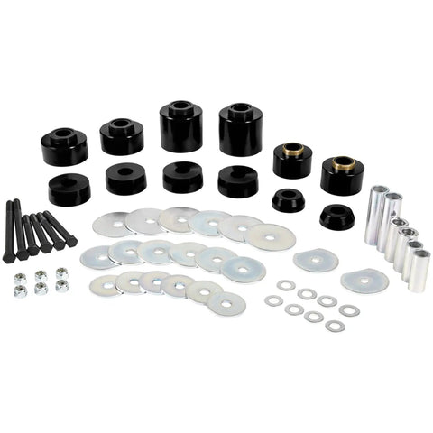 Ford Body Mount Bushing Set Kit For 1980 1998 F150 F250 F350 2WD 4WD Polyurethane Body Cab Mounts With Steel Sleeves And Hardware Black Direct Replacement For Beefed Up Ride Comfort And Reduced Vibration On Heavy Duty Trucks. Kit parts laid out on white