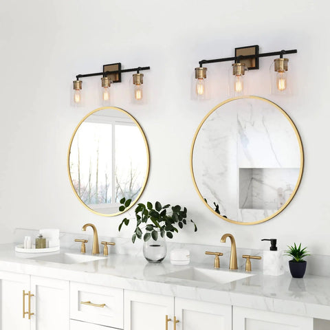 Black And Gold Modern Farmhouse Vanity Light With Copper Accent Socket And Back Plate Three Clear Glass Shades 19.7 Inch Bar over mirrors