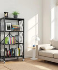 4 Tier Foldable Metal Storage Rack With Lockable Wheels next to a sofa in a bright room, holding books and a plant
