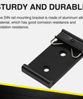 12 Pack Din Rail Mounting Clips One Point Oh Eight Inch Wide Snap In Universal Black Aluminum Alloy Relay Clips for 35mm Din Rail Switches and Injectors Durable Easy Install Great for Electrical Panels and Enclosures, sturdy black aluminum clip with holes for secure grip.