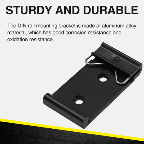 12 Pack Din Rail Mounting Clips One Point Oh Eight Inch Wide Snap In Universal Black Aluminum Alloy Relay Clips for 35mm Din Rail Switches and Injectors Durable Easy Install Great for Electrical Panels and Enclosures, sturdy black aluminum clip with holes for secure grip.