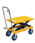 Super Smooth Operation Mobile Scissor Lift Table Featuring Foot Controlled Hydraulic Pump with ergonomic handle and sturdy yellow frame.