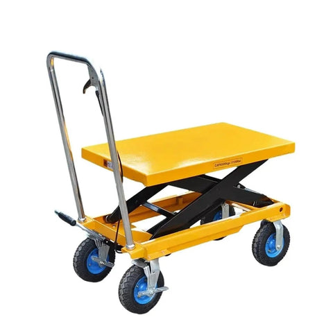 Super Smooth Operation Mobile Scissor Lift Table Featuring Foot Controlled Hydraulic Pump with ergonomic handle and sturdy yellow frame.