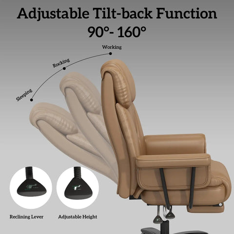 160 Degree Reclining Office Chair With Footrest For Big And Tall Comfort Leather High Back Computer Desk Chair With Cross Legged Seat Armrests And Smooth Wheels For All Day Comfort Brown showing multi-angle reclining positions