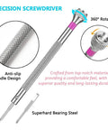 Precision screwdriver from 13 Piece Professional Watch Screwdriver Set With Micro Precision Bits, featuring anti-slip handle and 360° rotation.