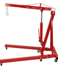 Heavy Duty Two Ton Folding Hydraulic Engine Hoist 4409 Pound Lift Cherry Picker Crane with red frame and adjustable arm.