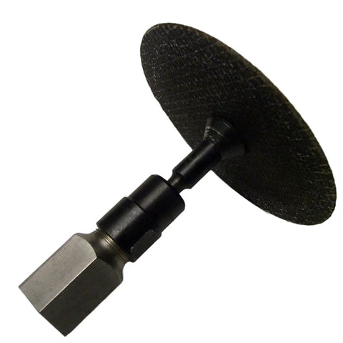 Five Eighth UNC Thread Adapter With One Quarter Inch Collet for Angle Grinders showing attached black cutoff wheel