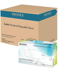 Top Notch Latex Disposable Gloves With Corn Starch Powdered Finish For Food Handling And Light Industrial Chores Smooth As Butter X Large Bulk Case Of 1000 displayed with a box of 100 gloves and bulk carton.