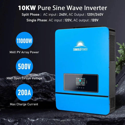 Kickass 48V Hybrid Solar Inverter 10000W Pure Sine Wave front view, showcasing digital display and cooling vent.