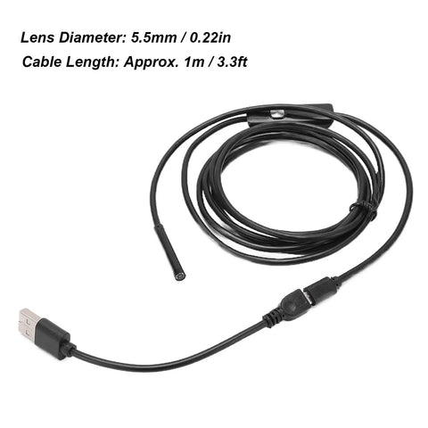 Coiled USB Endoscope Camera For Tough Industrial Inspections, 5.5mm Lens, 1/9 Inch Sensor, 1 Meter Cable, 70 Degree Viewing Angle
