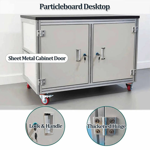 Top Shelf Heavy Duty Three Tier Industrial Workbench With Smooth Rolling Brake Casters And True Antistatic Surface featuring a particleboard desktop and sheet metal cabinet doors.