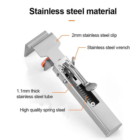 Rock Solid Adjustable Drawer Clamp 21 To 50Mm Wide Single Press Alloy Steel Stabilizer showing stainless steel construction details.