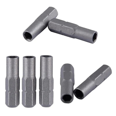 Eight Pack Precision Bit Adapters Set For Micro Bits To One Quarter Inch Hex Converter Six Point Three Five Millimeter To Four Millimeter Shank Magnetic Head Sleeve High Hardness Alloy Steel Fits Electric Drill And Screwdriver Tools, showing steel adapters with magnetic heads.