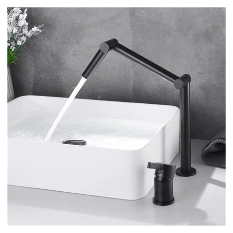 Faucet, Desk Mounted 360 Rotate Foldable Basin Faucet Mixer Hot and Cold Sink Tap Rotate Folding Spout Kitchen Matter Black in use over white basin.