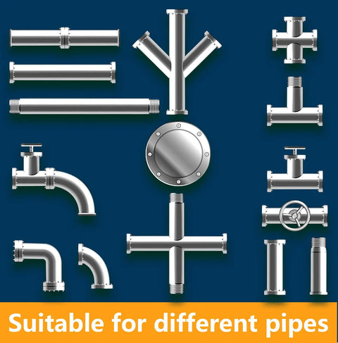 Various stainless steel pipe connectors on blue background labeled 'Suitable for different pipes'