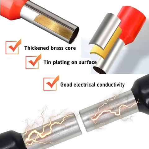 200 Piece Insulated Wire Ferrule Kit For 8 AWG, Includes 100 Red And 100 Black Ferrule Connectors, cutaway showing brass core and tin plating
