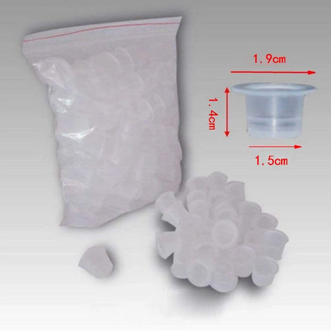 Bag and stack of Large Tattoo Ink Cups 500 Pack Plastic Pigment Cups Size 15 Disposable Microblading Cups For Tattoo Ink Tools