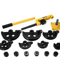 Manual Pipe Tube Bender Set For Steel And Copper Tubing Heavy Duty Lever Handle Bending Tool components including black formers and yellow lever.