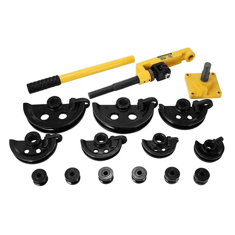 Manual Pipe Tube Bender Set For Steel And Copper Tubing Heavy Duty Lever Handle Bending Tool components including black formers and yellow lever.