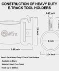 Diagram showing Five Pack E Track Tool Holders For Enclosed Trailers with dimensions, made of steel, zinc-coated, 600 lb capacity