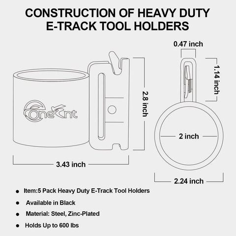Diagram showing Five Pack E Track Tool Holders For Enclosed Trailers with dimensions, made of steel, zinc-coated, 600 lb capacity