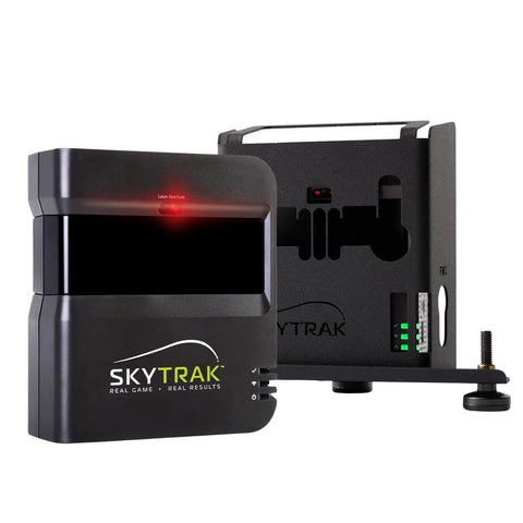 Metal Protective Case For SkyTrak Launch Monitor And Golf Simulator, Black, Rugged Shield, shown with SkyTrak device