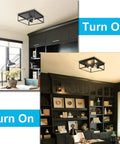 Industrial Metal Flush Mount Ceiling Light Fixture 13 Inch Square Two Light Open Cage No Glass Design Matte Black