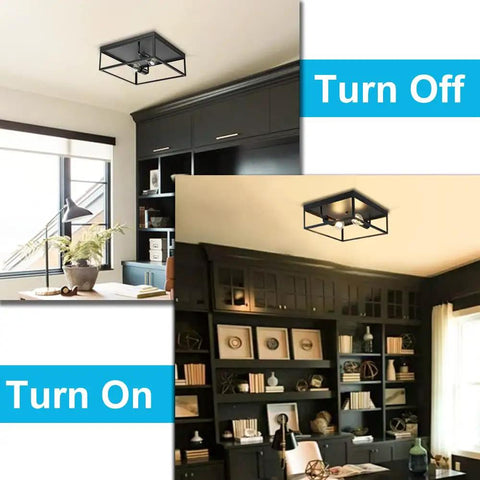 Industrial Metal Flush Mount Ceiling Light Fixture 13 Inch Square Two Light Open Cage No Glass Design Matte Black