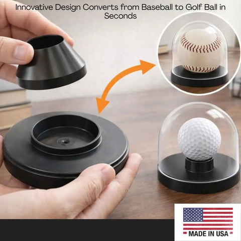 Baseball And Golf Ball Display Case With Clear Dome, Convertible Ball Holder For Baseballs Or Golf Balls, Removable Insert Design For Quick Swap, Premium Desk And Shelf Display, Made In USA.