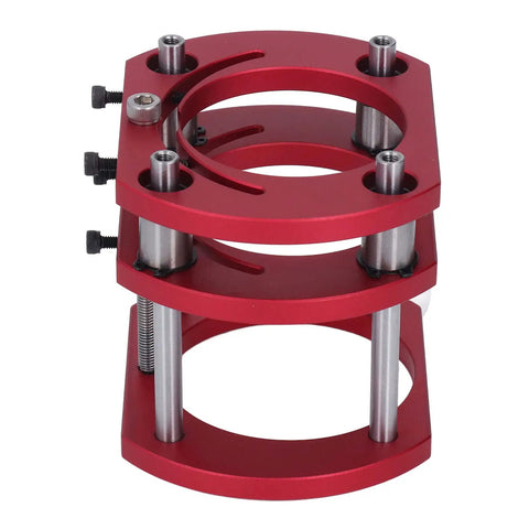 Badass 4 Jaw Router Lift Base Featuring Rust Resistant Aluminum Alloy Body And Stainless Steel Support Rods, red metal design.