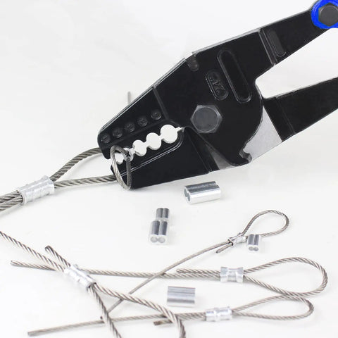 Heavy Duty 24 Inch All In One Hand Crimping And Cutting Tool For Wire Rope Swager Crimper Cutter One Sixteenth Of An Inch To Three Sixteenths Of An Inch Wires Includes 50 Aluminum Stop Sleeves Durable Steel Construction For Long Lasting Use And with cables and aluminum sleeves