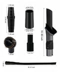 6 Piece Vacuum Cleaner Attachment Set with 2 in 1 Crevice and Dusting Brush, showing sizes and universal adapters for various vacuums