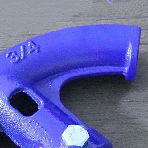 Close up of a purple manual steel pipe bender for 3/4 inch copper aluminum conduit, heavy duty and portable.