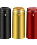 Premium PVC Heat Shrink Wine Bottle Capsules 120 Count Black Red Gold Cork Seal Wrap For Cellars And Home Wineries, three colors displayed.
