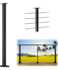 36 Inch Black Rectangular Stainless Steel Cable Railing Intermediate Post With Fixed Top Mount 1 Inch Thick Pre Drilled 10 Holes