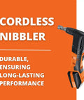 Cordless Nibbler For Roofs And Facades With QuickIn System 18V, durable design shown against an orange background.