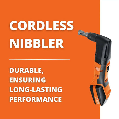 Cordless Nibbler For Roofs And Facades With QuickIn System 18V, durable design shown against an orange background.